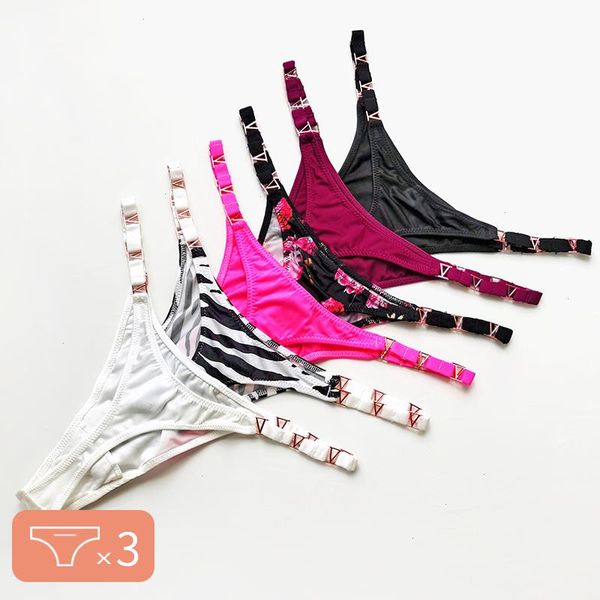 

3pcs set thongs womens panties for women ice silk g-string female underwear fitness low waist stringi seamless briefs, Black;pink