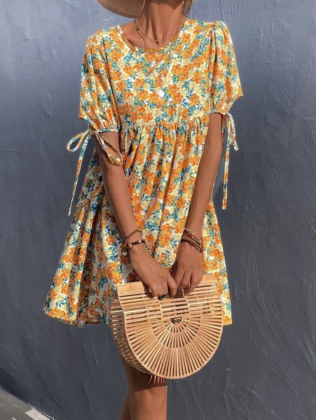 

allover floral knot cuff smock dress 89fe#, Black;gray