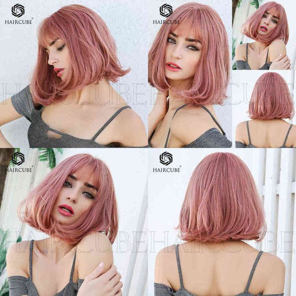 

human hair wig synthetic wigs style fashion trend women's wig air bangs pink bob head short curly wigs daily application 220527, Black