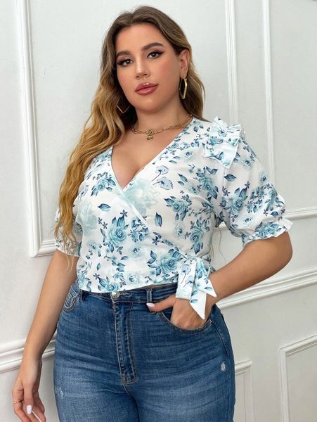 

plus floral print ruffle trim knot side blouse y86e#, Black