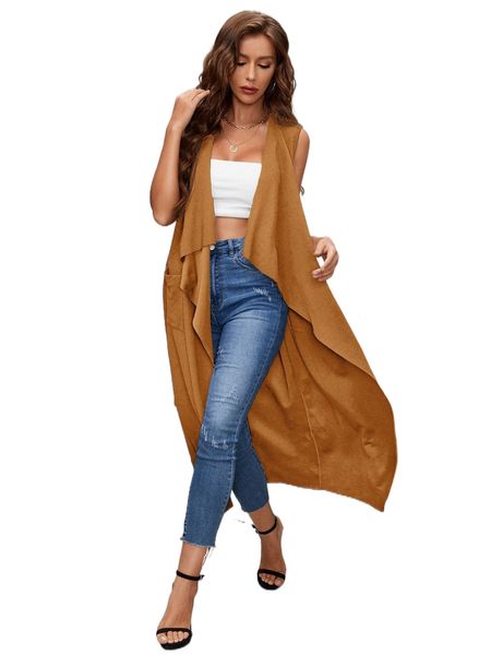 

waterfall collar open front belted coat y6fl#, Black