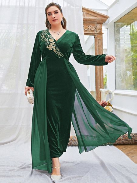 

plus velvet floral embroidery contrast chiffon maxi dress t22a#, Black