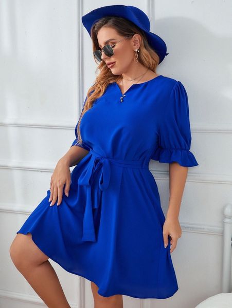 

plus puff sleeve v wired belted dress p4rq#, Black
