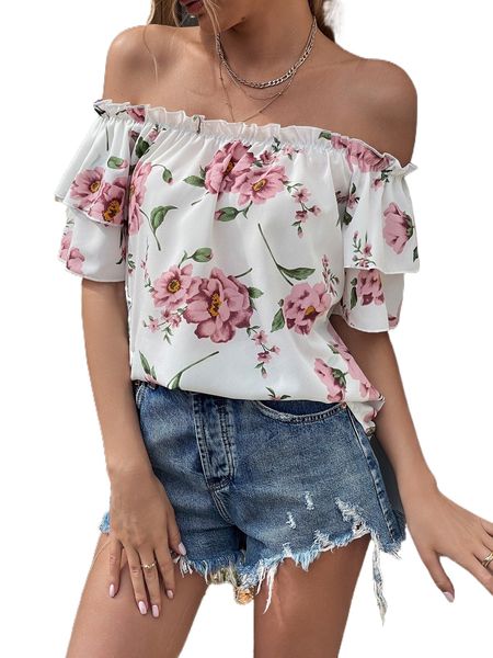 

floral print off shoulder layer sleeve blouse j8wq#, White