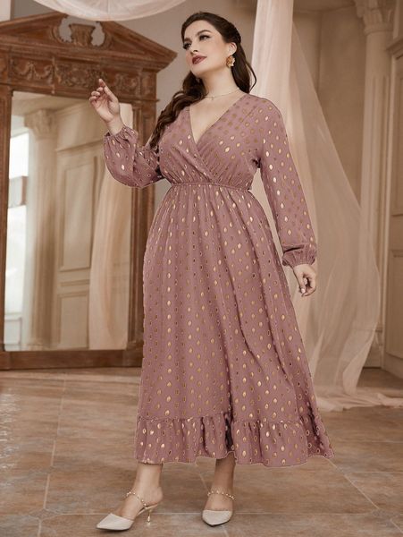 

plus golden dot print overlap collar lantern sleeve ruffle hem dress w17p#, Black