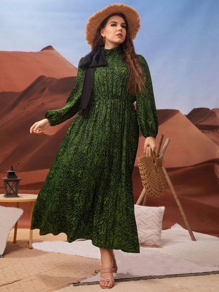 

plus random allover print bow front lantern sleeve plisse dress 12uy#, Black