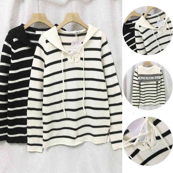 

women's sweaters d family stripe slim fit, and lazy style shawl back lapel embroidered long sleeve knitted for women, White;black