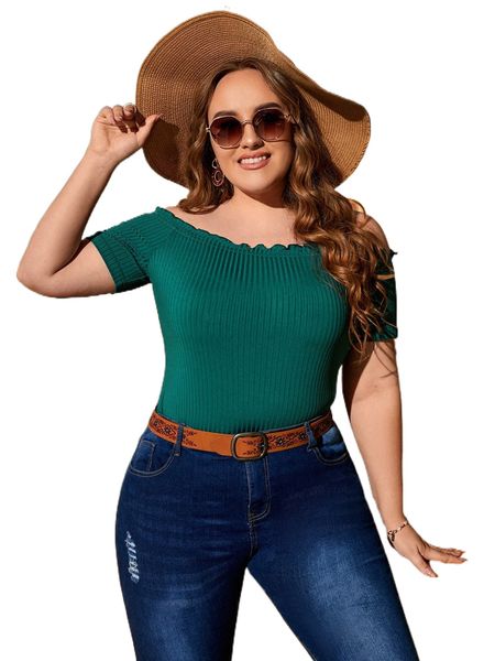 

plus off shoulder lettuce trim tee 00qu#, Black
