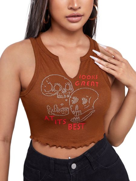 

notched rhinestone skull lettuce trim tank q7ur#, White