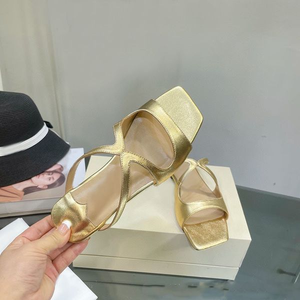 

metallic gold leather sandals square open toe slippers formal dress slides ladies summer strrappy flat heel slippers party shoes women, Black