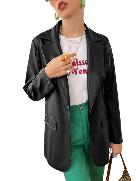 

pu lapel neck flap detail blazer w5t3#, White