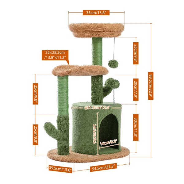 

cat furniture 32 inches cactus cat tower with sisal covered scratching post cozy condo plush perches and fluffy balls for indoor cats green