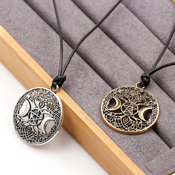 Colares pendentes Moda retro liga redonda estrela lua de colar oco para homens mulheres amulet festa de couro jóias acessórios GiftPenda