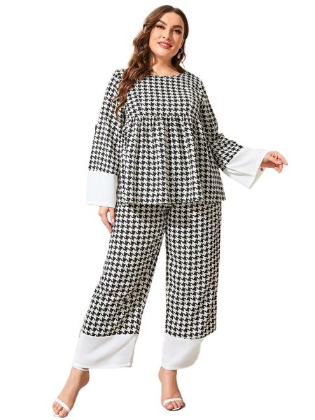 

plus houndstooth peplum & wide leg pants i414#, Black