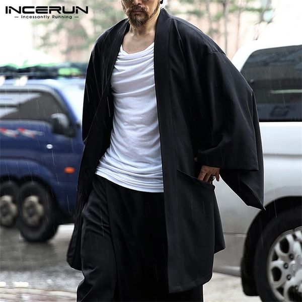 

men's jackets fashion men trench cotton open stitch coats solid long sleeve casual japanese kimono streetwear cardigan outerwear inceru, Black;brown