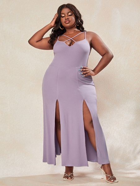 

sxy plus solid split thigh crisscross cami dress g0gj#, Black