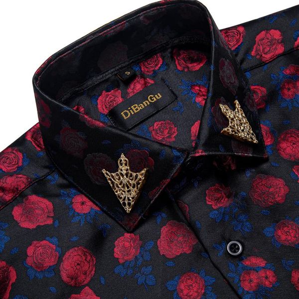 Camicie casual da uomo Arrivo Camicia a maniche lunghe floreale da uomo Blu Rosso Colletto rovesciato con spilla dorata Camicette maschili AbbigliamentoUomo