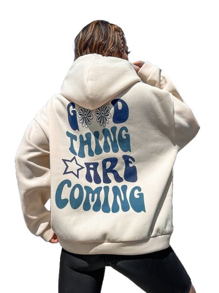

slogan graphic drawstring detail hoodie u39d#, Black