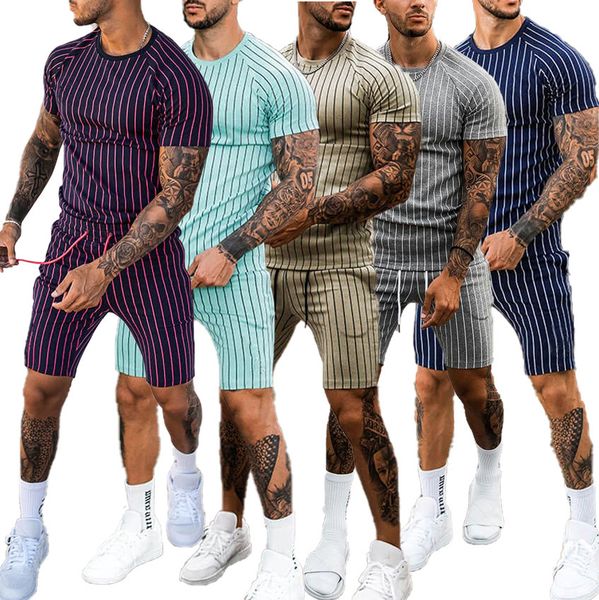 

new men's tracksuit casual stripe sets short sleeve t-shirt and shorts two piece sport suits fitness sweatpants fashion outfits, Gray