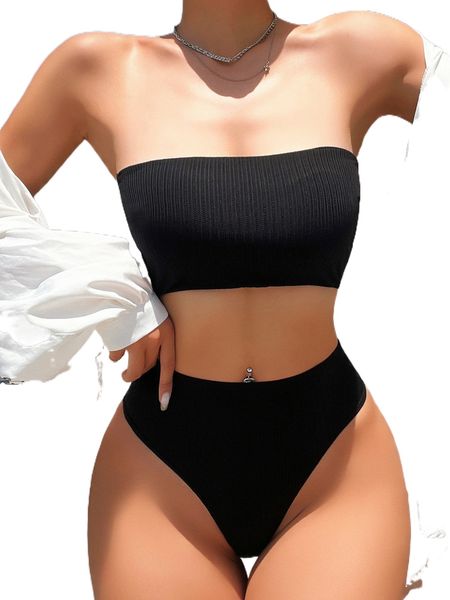 

ribbed knit bandeau lingerie set y05j#, Black;red