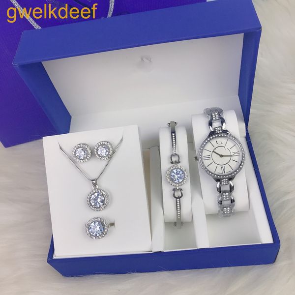 

sw classic ladies quartz movement watch bracelet necklace earrings ring 5 piece original gift box gift high-end custom diamonds, Slivery;brown