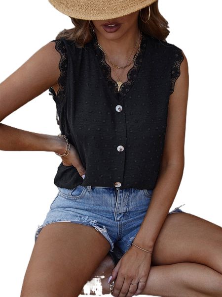 

swiss dot contrast lace scallop trim blouse o58x#, White