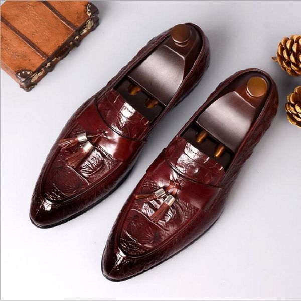 

spring/autumn men crocodile tassel formal design dress shoes pointed toe single genuine leather office business large size shoes for man da0, Black