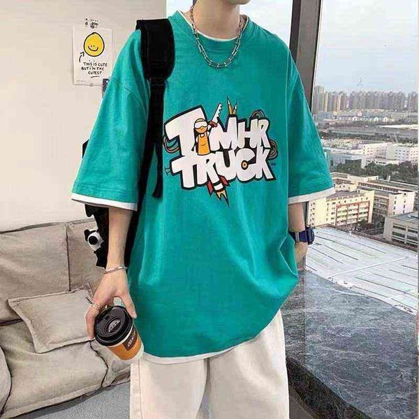 

designer men's t-shirt summer chic men's short sleeved t-shirt loose fashion fake two korean youth student couple clothes, White;black