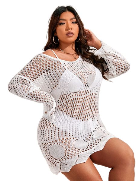 

plus open knit drop shoulder cover up without bikini o995#, Black