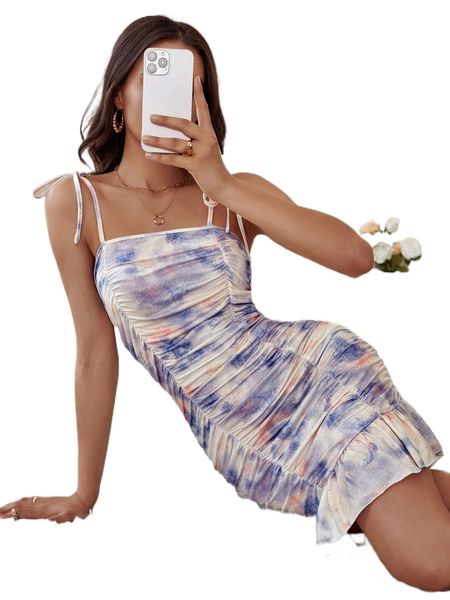 

tie dye knot shoulder ruched ruffle hem cami bodycon dress g6ip#, Black;gray