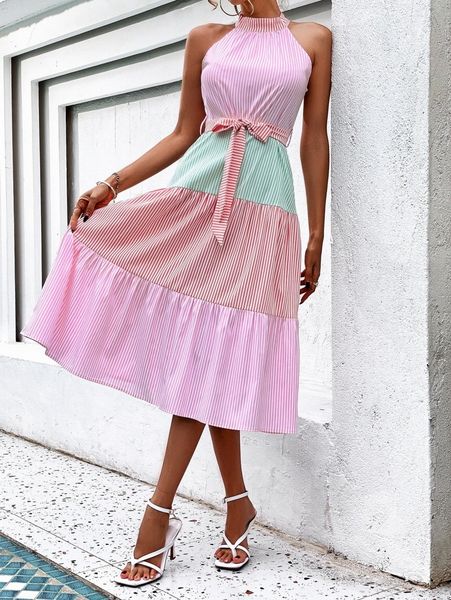 

striped print colorblock ruffle hem belted halter dress 01vk#, Black;gray