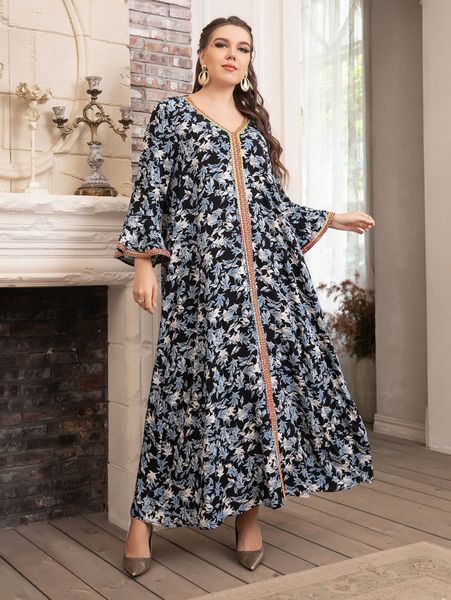 

plus random leaf print flounce sleeve contrast tape dress without belt p914#, Black