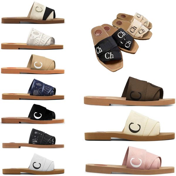 

women designer slides slippers woody flat mule canvas white black pink sail navy blue womens summer sandals slipper outdoor beach shoes