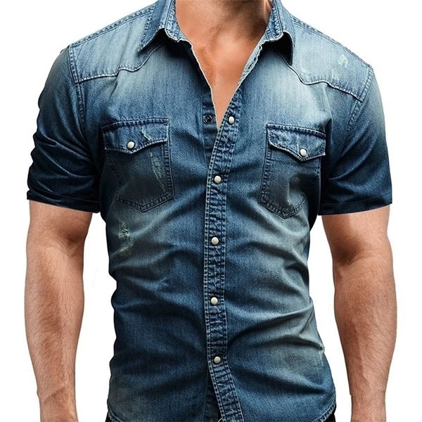 HaiFux Neue Männer Jeans Shirts Sommer Baumwolle Wasser Waschen Männlichen Tops Kurzarm Blumen Druck Denim Hemd Männer
