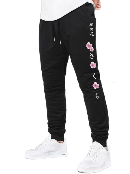 

men floral & japanese letter graphic sweatpants n7wd#, Black