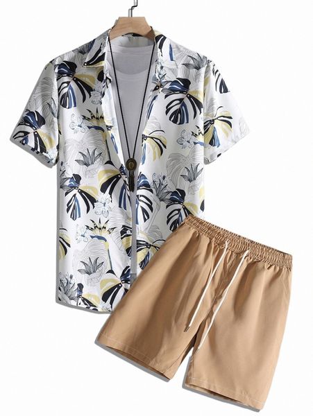 

men tropical print shirt & solid shorts without tee p4l9#, Gray