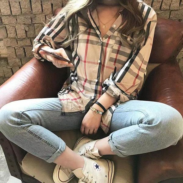 

designer women's blouses shirts fashion classic 2024 summer new plaid t-shirt plus size casual long sleeve s--5xl, White