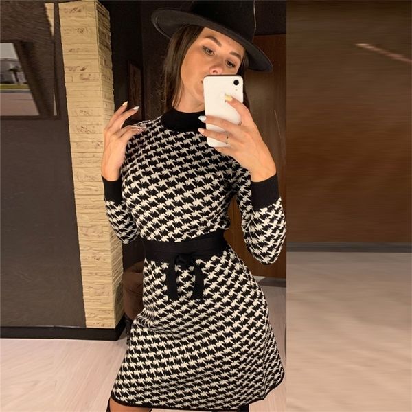 

gigogou women geometric knit dress dfall winter slim knot sashes sweater a-line houndstooth warm pullover vestido 220316, Black;gray