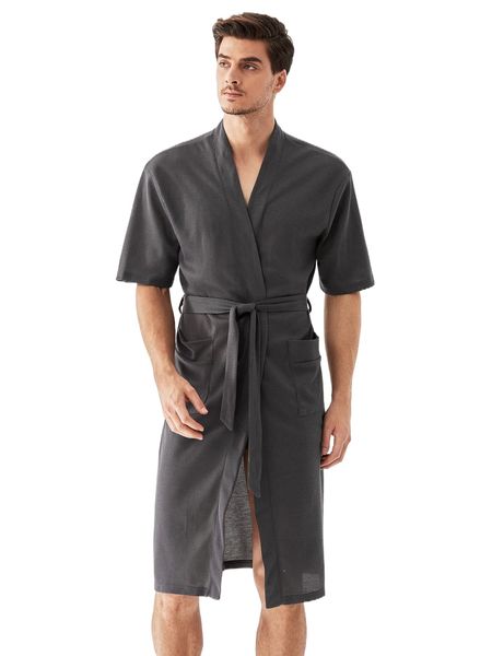 

men waffle knit dual pocket belted lounge robe w0p7#, Black;brown