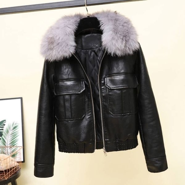 Winter Damen Lederjacke Pelzkragen dicker warmer kurzer Absatz Kunstlederjacke Motorradbekleidung weiblich A80308 201030