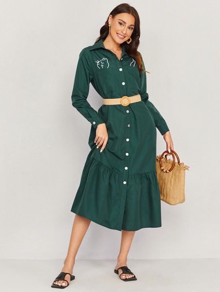 

cat print belted ruffle hem shirt dress q65h#, Black;gray