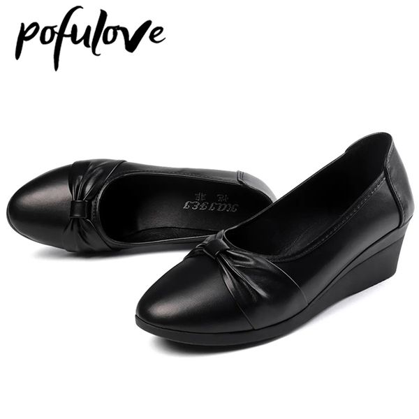 

pofulove women wedges pumps pu leather heels slip on shoes black office lady shoes spring summer pumps shallow platform zapatos 220316