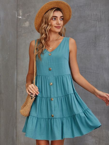 

ruffle hem fake button smock dress d7t8#, Black;gray