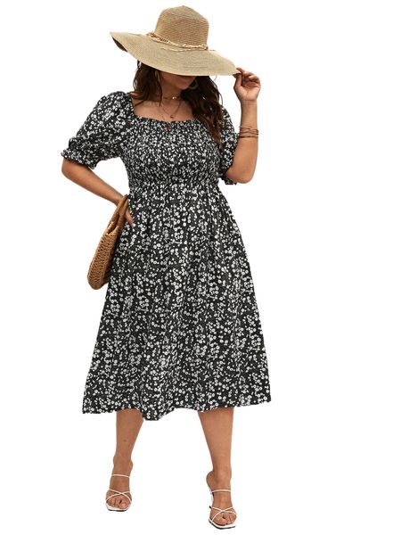 

plus ditsy floral print puff sleeve dress 19da#, Black