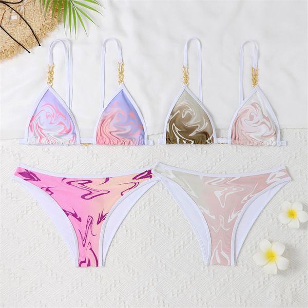 

tie-dye bikinis swimsuits padded push up thin bandage women chain two-piece swimwear outdoor beach travel contrast color bathing suit high q