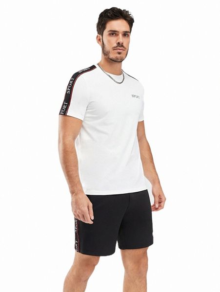 

men contrast letter side seam tee & shorts x4fv#, Gray