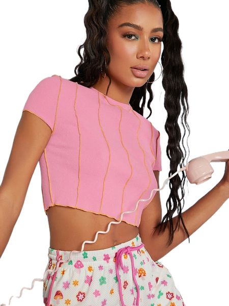 

stitching round neck crop tee b0tf#, White