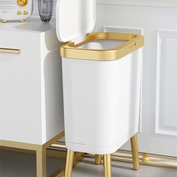 Золотой роскошный роскошный люксовый люкс 15L для кухни ванная комната творческий высокопоставленный пластиковый мусорщик мусора с крышкой 220408