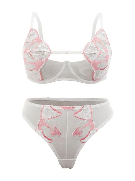 

plus embroidery mesh underwire lingerie set x64b#, Black;white