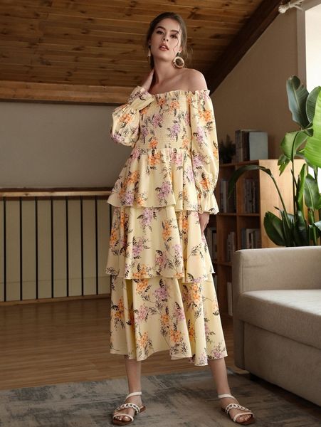 

off shoulder allover floral print shirred layered ruffle hem dress k23t#, Black;gray